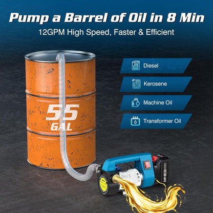 Seesii 12GPM Portable Self-Priming Diesel Pump Kit, 21V Cordless Diesel Transfer Pump with 2X4.0Ah Battery